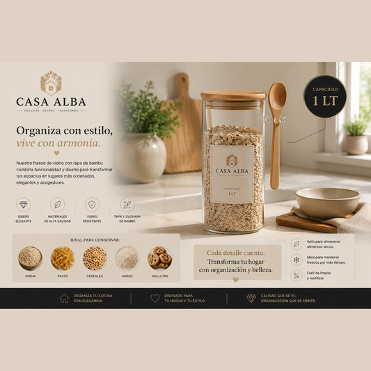 Frasco cuadrado de vidrio 1000 ml con tapa bambú