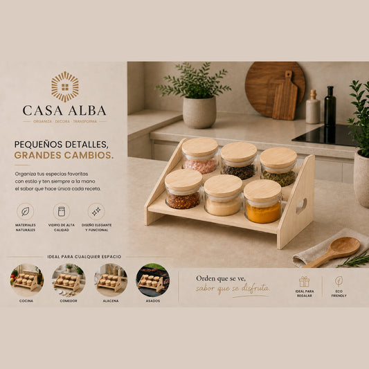 Set 6 piezas condimenteros con soporte de madera