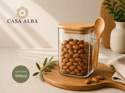 Frasco cuadrado de vidrio 500 ml con tapa bambú