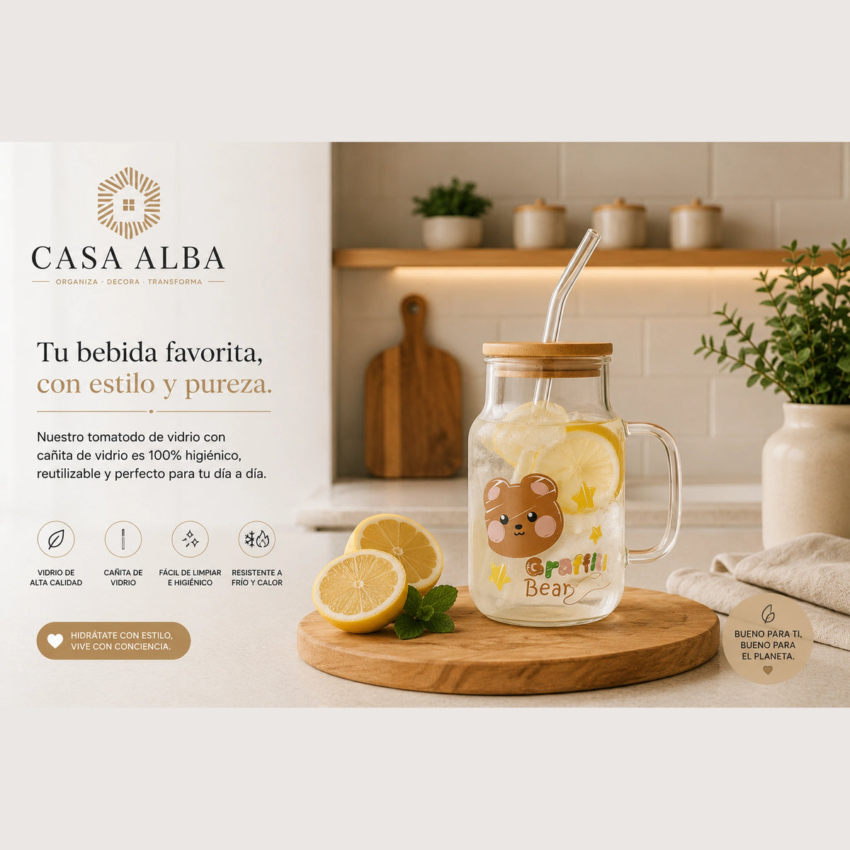 Vaso de vidrio con tapa bambú y sorbete