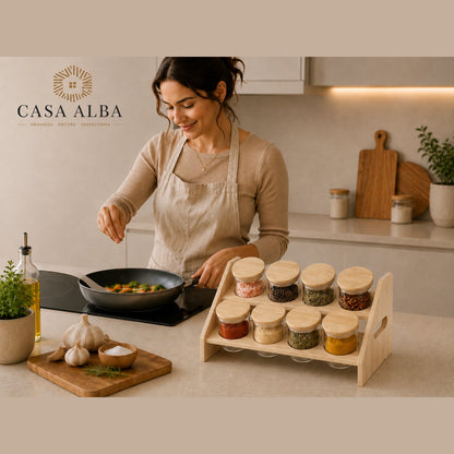 Set 8 piezas condimenteros con soporte de madera