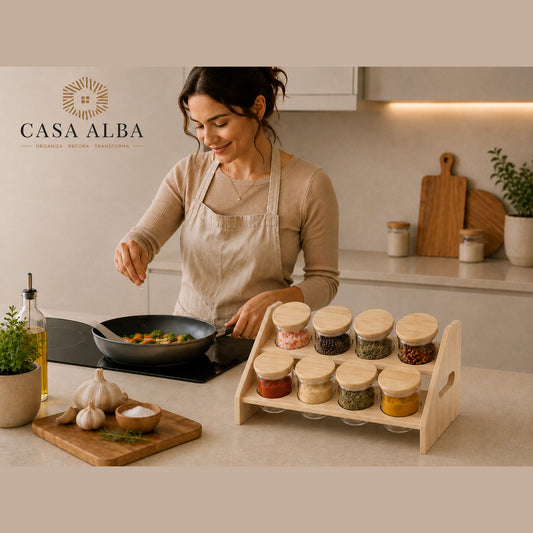 Set 8 piezas condimenteros con soporte de madera