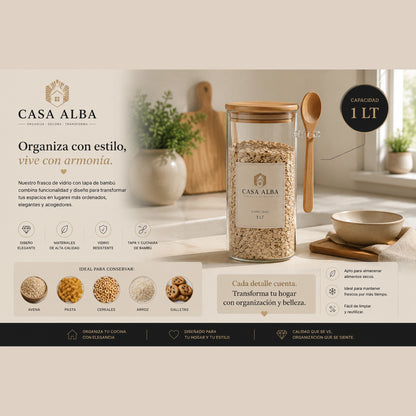 Frasco cuadrado de vidrio 1000 ml con tapa bambú