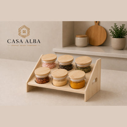 Set 6 piezas condimenteros con soporte de madera