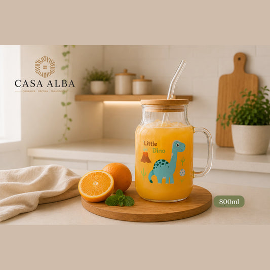 Vaso de vidrio con tapa bambú y sorbete
