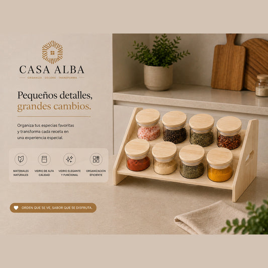 Set 8 piezas condimenteros con soporte de madera